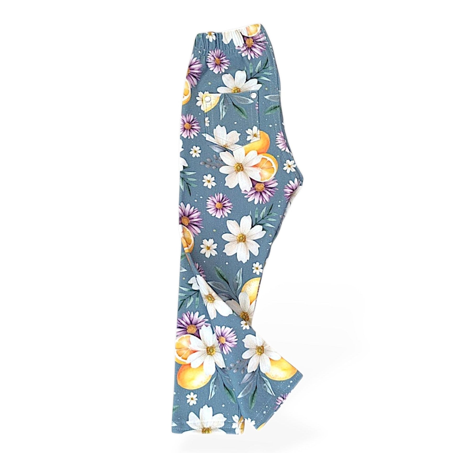 Lány elasztikus leggings nadrág kék gyümölcsmintás